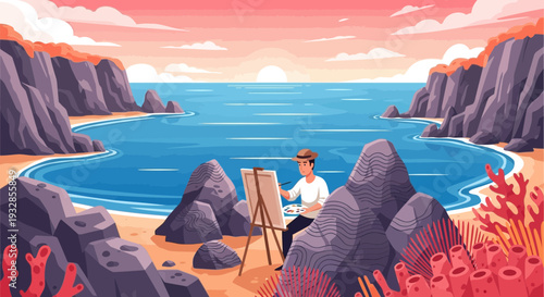 Artist painting seascape on canvas easel by ocean.