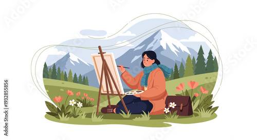 Artist painting outdoors in a scenic landscape.