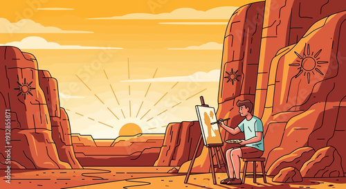 Artist painting a desert landscape at sunrise.