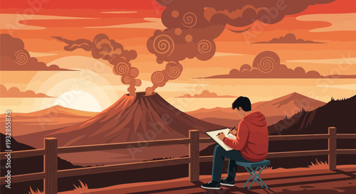 Artist sketching a volcano eruption at sunset.