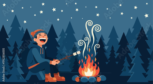 Happy person roasting marshmallows over a campfire at night.