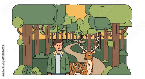 Man and Deer in a Forest Setting.