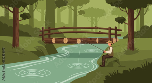 Man Fishing by a Wooden Bridge in a Forest Stream.