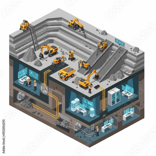 Isometric Cryptocurrency Mining Farm and Open Pit Mine.