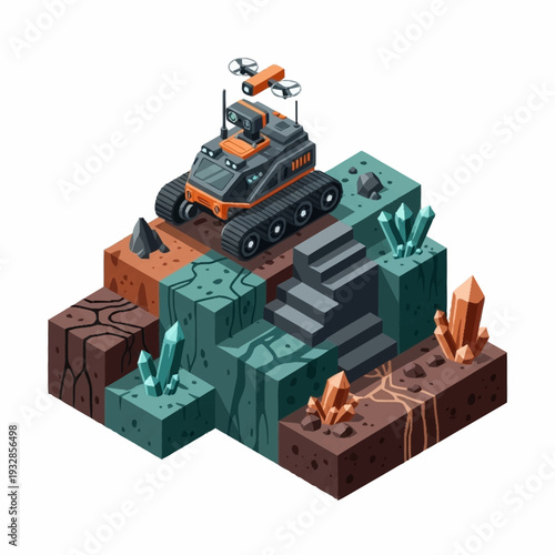 Isometric illustration of a futuristic rover exploring a mineral-rich alien planet surface with a drone.