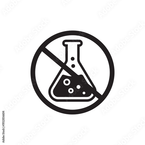 Black and white prohibition sign featuring a crossed out chemical flask with bubbling liquid symbolizing restriction of hazardous substances