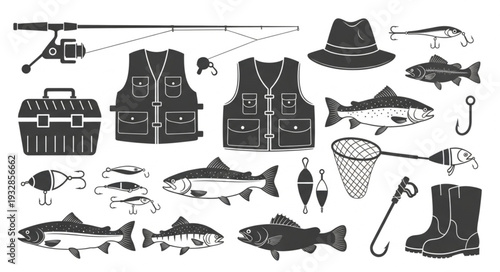 Fishing gear collection illustration, featuring rods, vests, fish, and accessories for angling.