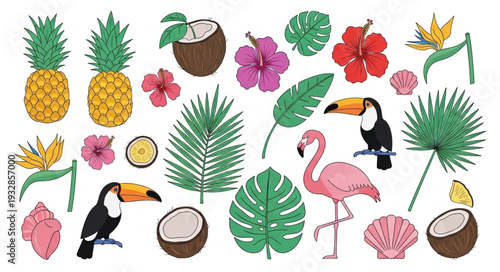 Tropical paradise collection - pineapples, flowers, toucans, flamingo, and coconuts.