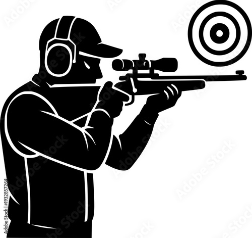 Black and white professional vector illustration of archery sport silhouette, ideal for logo, poster, branding, web, print, sports event use in media.