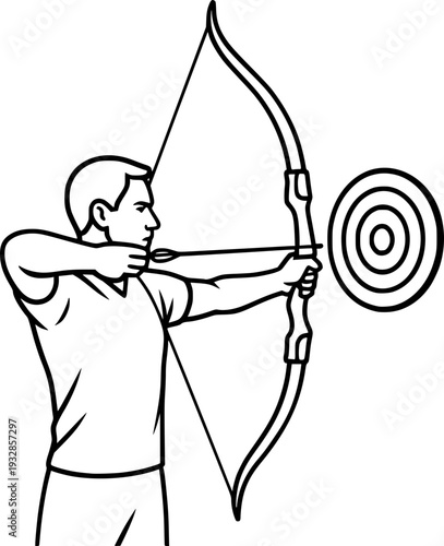 Black and white professional vector illustration of archery sport silhouette, ideal for logo, poster, branding, web, print, sports event use in media.