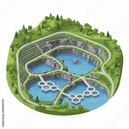 Isometric illustration of a quarry transformed into a recreational park with lakes and floating platforms.