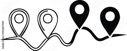 Black and white location pins on a winding path