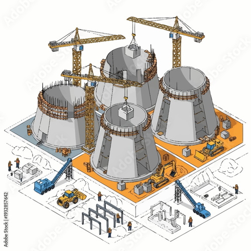 Isometric illustration of a nuclear power plant under construction.