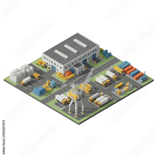 Industrial Factory Model with Vehicles and Equipment.