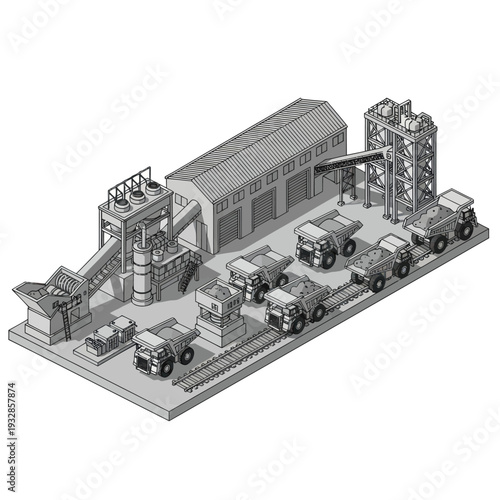 Industrial Facility with Trucks and Equipment.