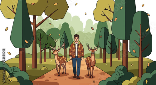 Man standing with two deer in a forest path.
