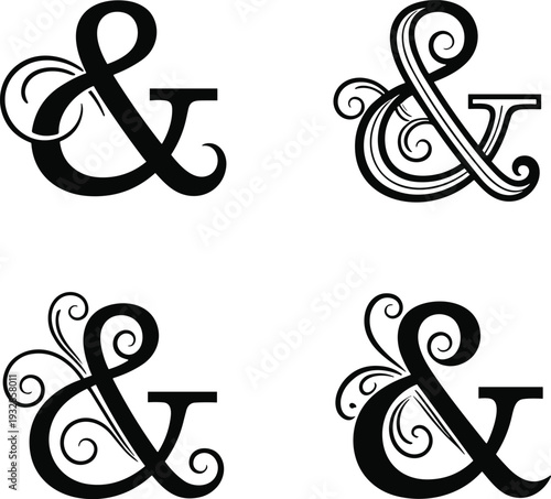 Set of four elegant decorative ampersand symbols with ornate flourishes and calligraphic swirls, luxury black vector icons for wedding invitations, formal stationery, and vintage logo design.