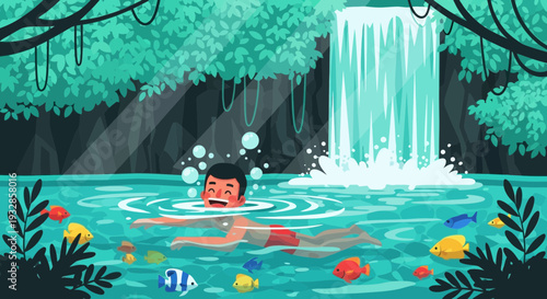 Man struggling in water near waterfall surrounded by fish.