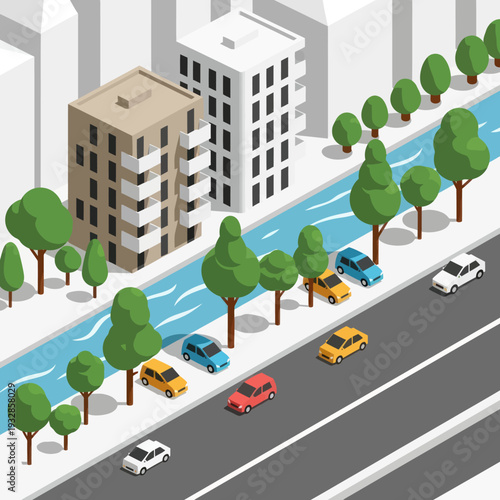Isometric City Street with Cars and Trees.
