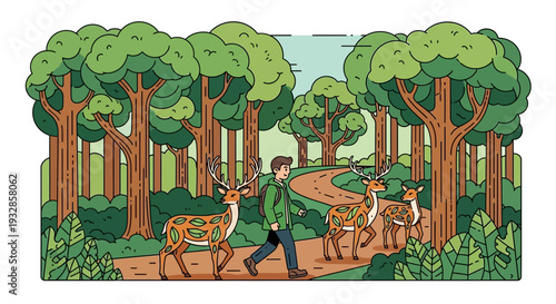 Man walking with deer in forest path.