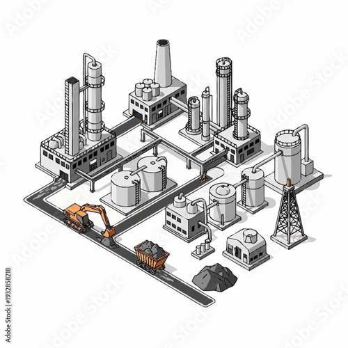 Isometric industrial complex with factories, storage tanks, and machinery.