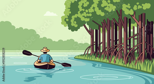 Person paddling a kayak on a calm river surrounded by lush greenery.