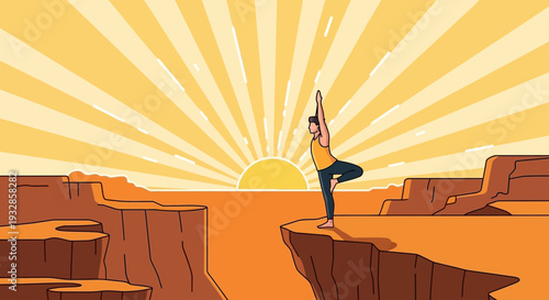 Person practicing yoga tree pose on cliff edge at sunrise.