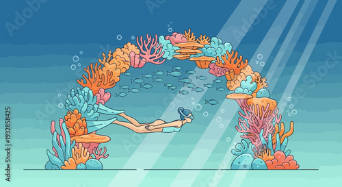 Person swimming through vibrant coral archway underwater.
