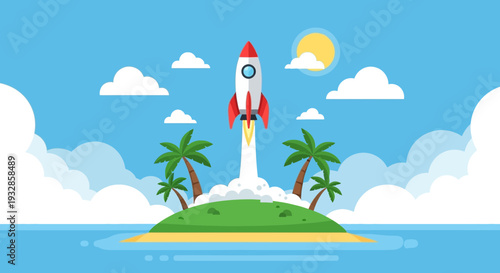 Rocket Launching From Tropical Island Destination.