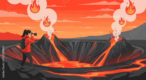 Volcano exploration with a photographer documenting eruption.