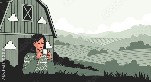 Woman enjoying coffee on a farm.