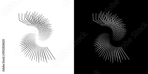 	
Dynamic abstract spiral sound wave rhythm lines. Circular spiral sound wave rhythm of lines. Circular futuristic abstract lines, black and white background.