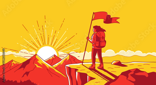 Woman hiker plants flag on mountain peak at sunrise.