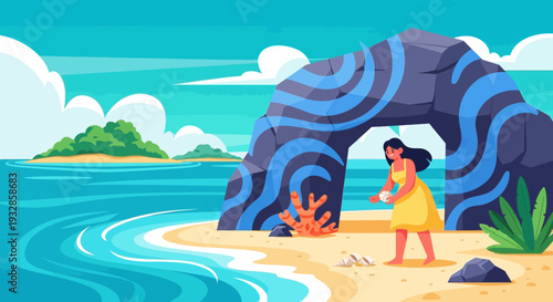 Woman exploring a tropical beach cave entrance.