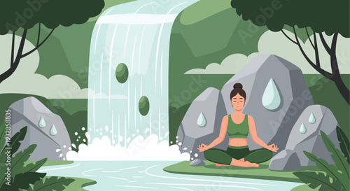 Woman meditating peacefully by a waterfall in nature.