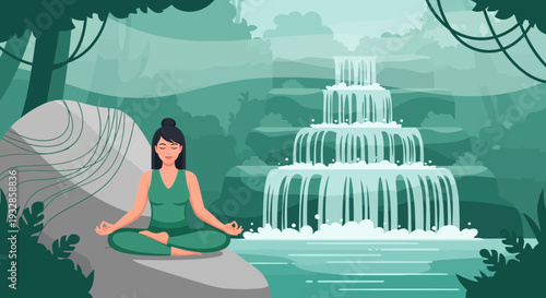 Woman meditating peacefully in nature setting.