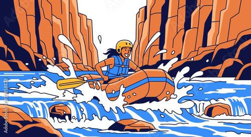 Woman Rafting Down Rapids with Paddle.