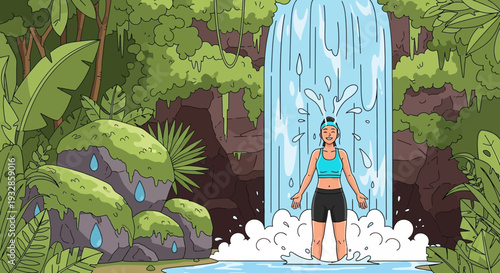 Woman standing under a waterfall in a jungle.