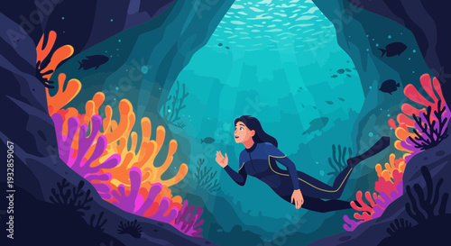Woman swimming in colorful coral reef cave.