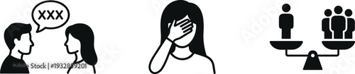 Social issues icon set featuring verbal harassment, facepalm shame, and inequality scale vector illustrations isolated on white background for human rights and justice projects