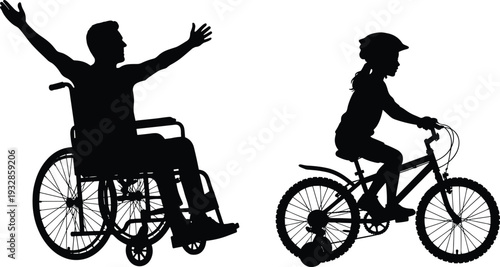 Silhouette of disabled man in wheelchair with raised arms and child riding bicycle, black vector illustration isolated on white background, inclusive lifestyle concept