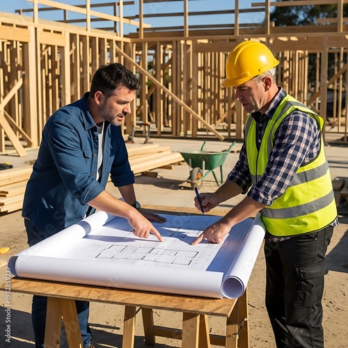 Construction workers reviewing blueprints on a job site