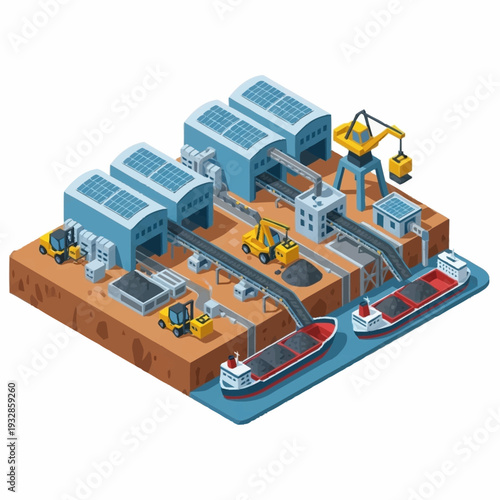 Isometric Industrial Port with Cargo Ships and Warehouses.