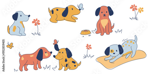 Set of cute cartoon puppies playing with butterflies and flowers in flat style