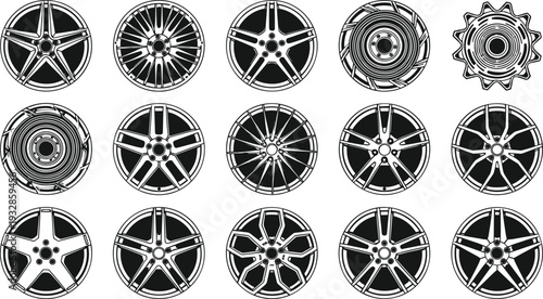 Set of alloy wheel rim silhouettes collection, black and white vector car wheel icons isolated on white background, automotive design elements bundle