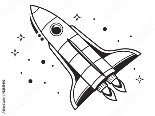 Stylish black and white rocket ship soaring through stars