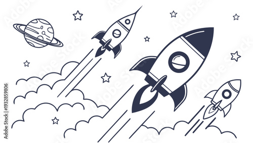 Rockets blasting off into space with planet and stars