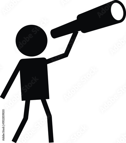 Stick figure person silhouette looking through telescope isolated on white background symbol of discovery vision future search exploration minimalist vector graphic illustration.