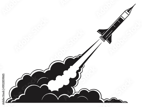 Rocket launching into space with smoke and flames