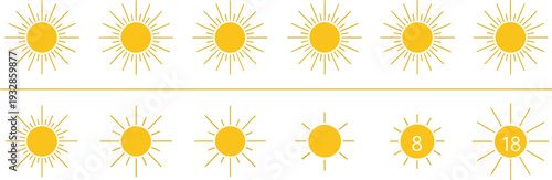 Bright yellow sun icon set vector illustration, cheerful sunshine rays with smiling faces and numbers for weather summer kids energy and decorative designs